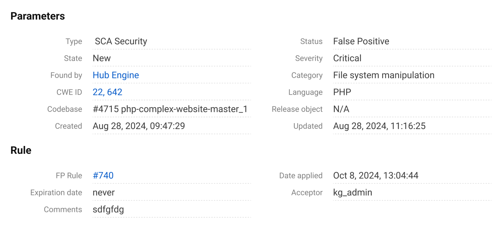 Detailed vulnerability parameters and rule information